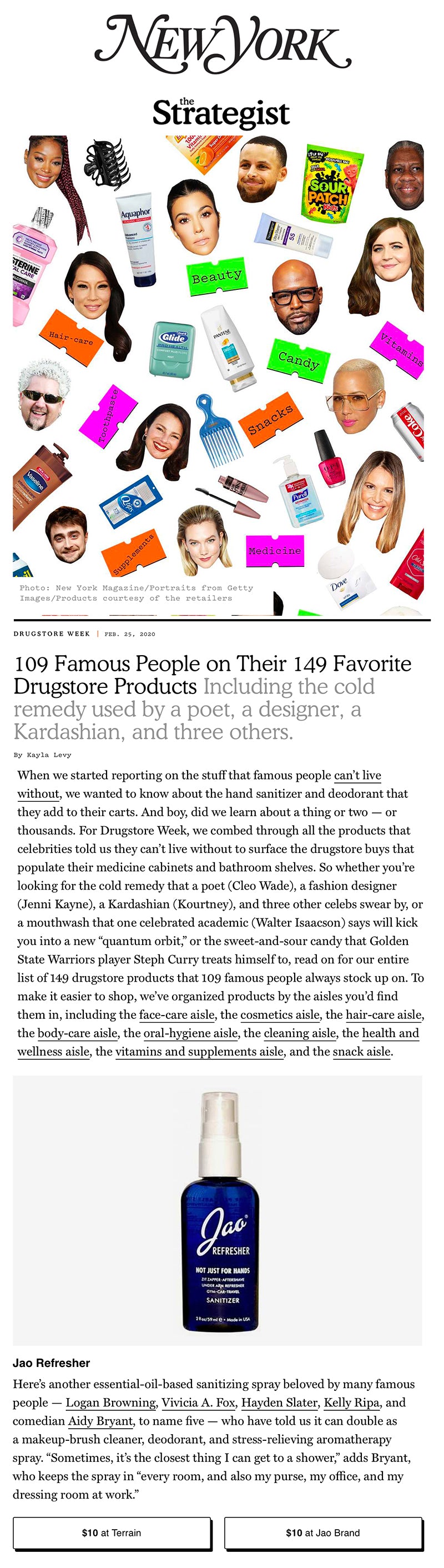 Jao Hand Sanitizer Refresher NY Magazine 109 Famous People on Their 149 Favorite Drugstore Products Share Tweet Pin It +