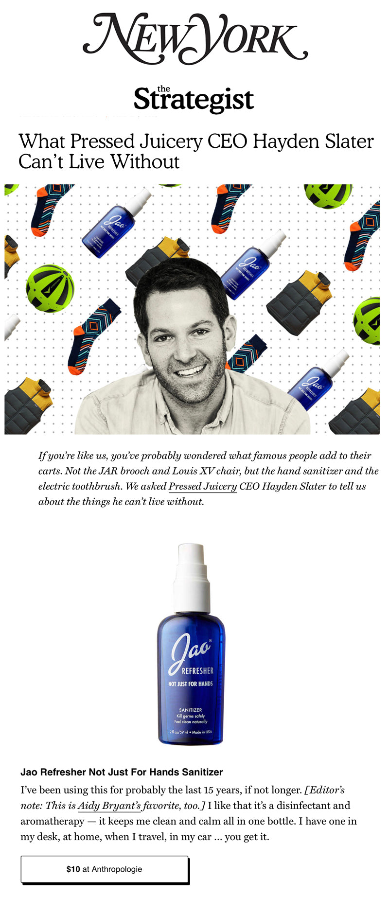 Jao Brand Hand Refresher Sanitizer: NY Magazine Pressed Juicery CEO Hayden Slater 