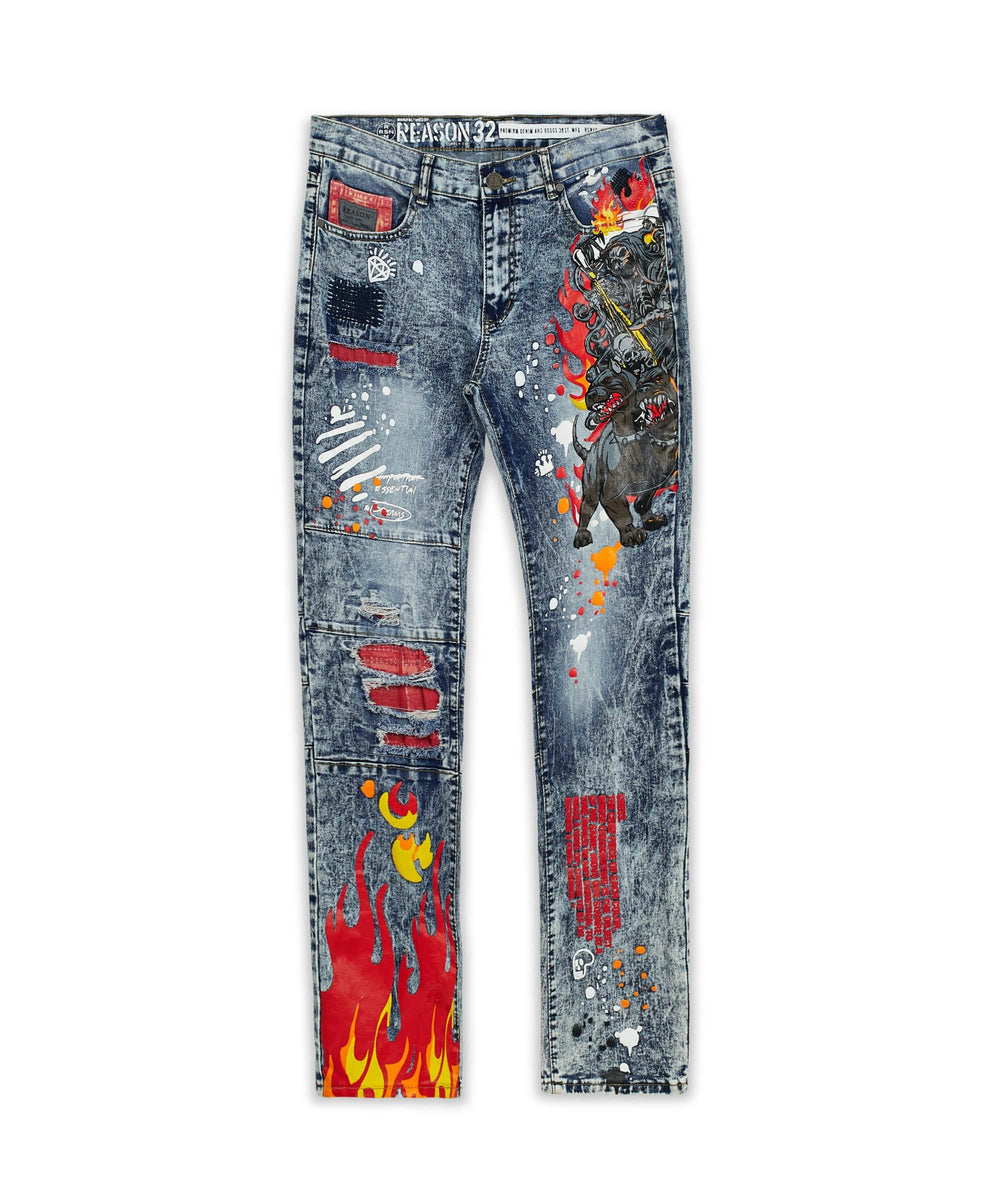 Legend Born Graphic Print Paint Splatter Patch Jeans