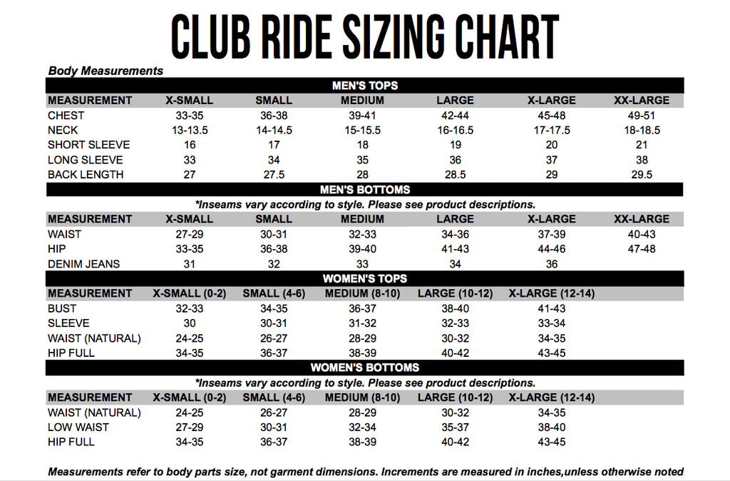 Club Ride Size Chart
