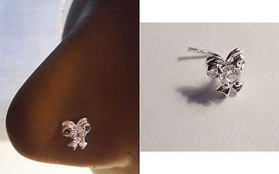 Sterling Silver Ribbon Bow Clear Crystal Nose Stud L Shape Pin Post 20 gauge 20g 