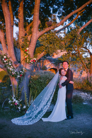 Peony Rice Chinese bride and groom just married in provence france, wear hand made veil