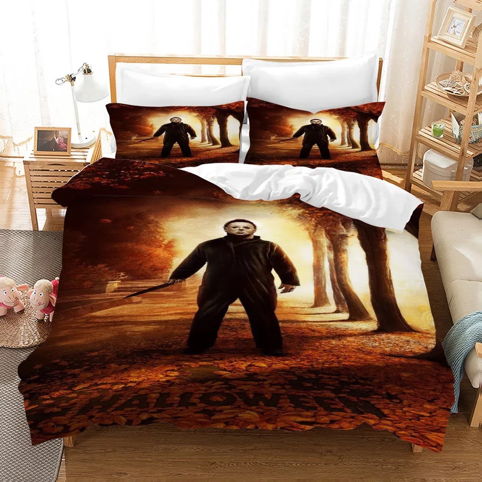 7 EILANNA innmilk Bedding Sets Bedspread Halloween Michael Myers 3D Print Twins Size Decorative Quilted 3 Piece Coverlet Set with 2 Pillow Shams