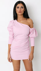 pink dress puff sleeve off the shoulder
