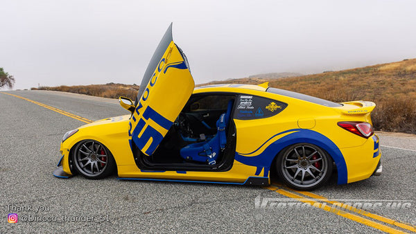 Check out Zackery's @Dinoco_thunder_51 Hyundai Genesis Coupe from California Featuring and Vertical Doors, Inc., vertical lambo doors conversion kit.