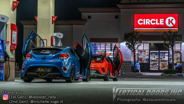 Check Two Generations of the Hyundai Veloster from California featuring Vertical Lambo Doors Conversion Kits from Vertical Doors, Inc.