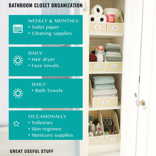 Bathroom closet organization weekly and monthly toilet paper and cleaning supplies, daily hair dryer and towels, occasionaly