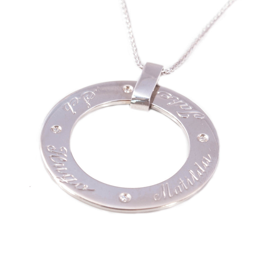 Home  Products  Engraved circle pendant  chain in 9ct white gold