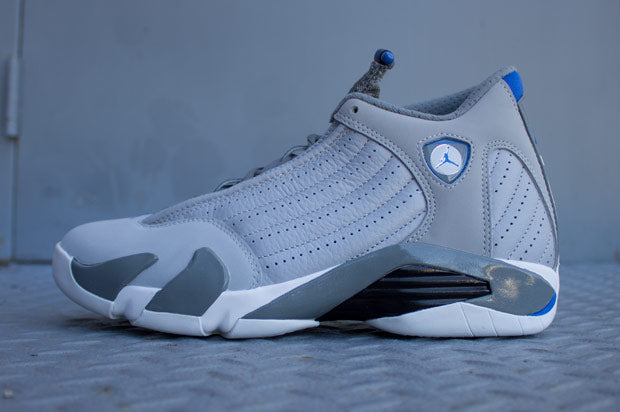 grey and blue jordan 14