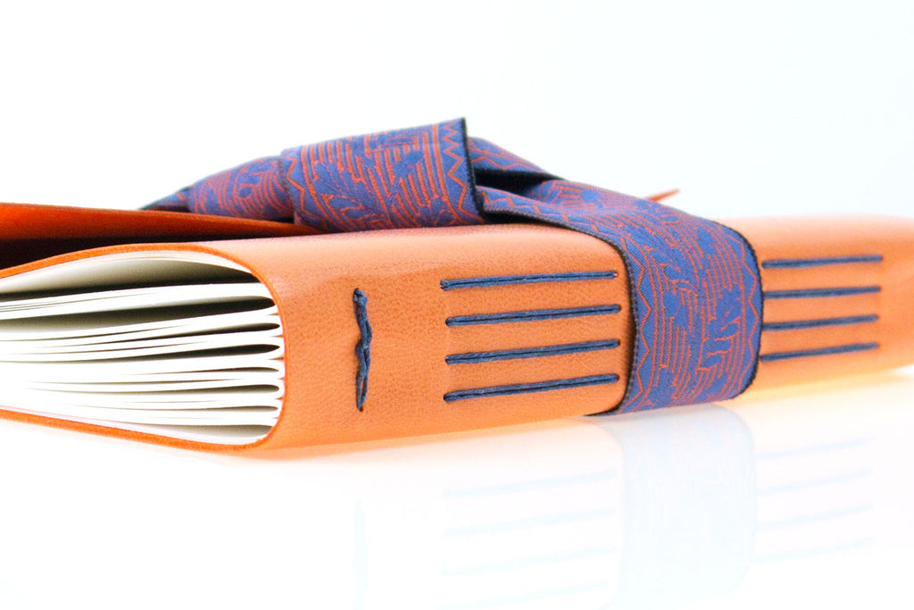 Personalised Leather Journal in Peach with Blue stitching