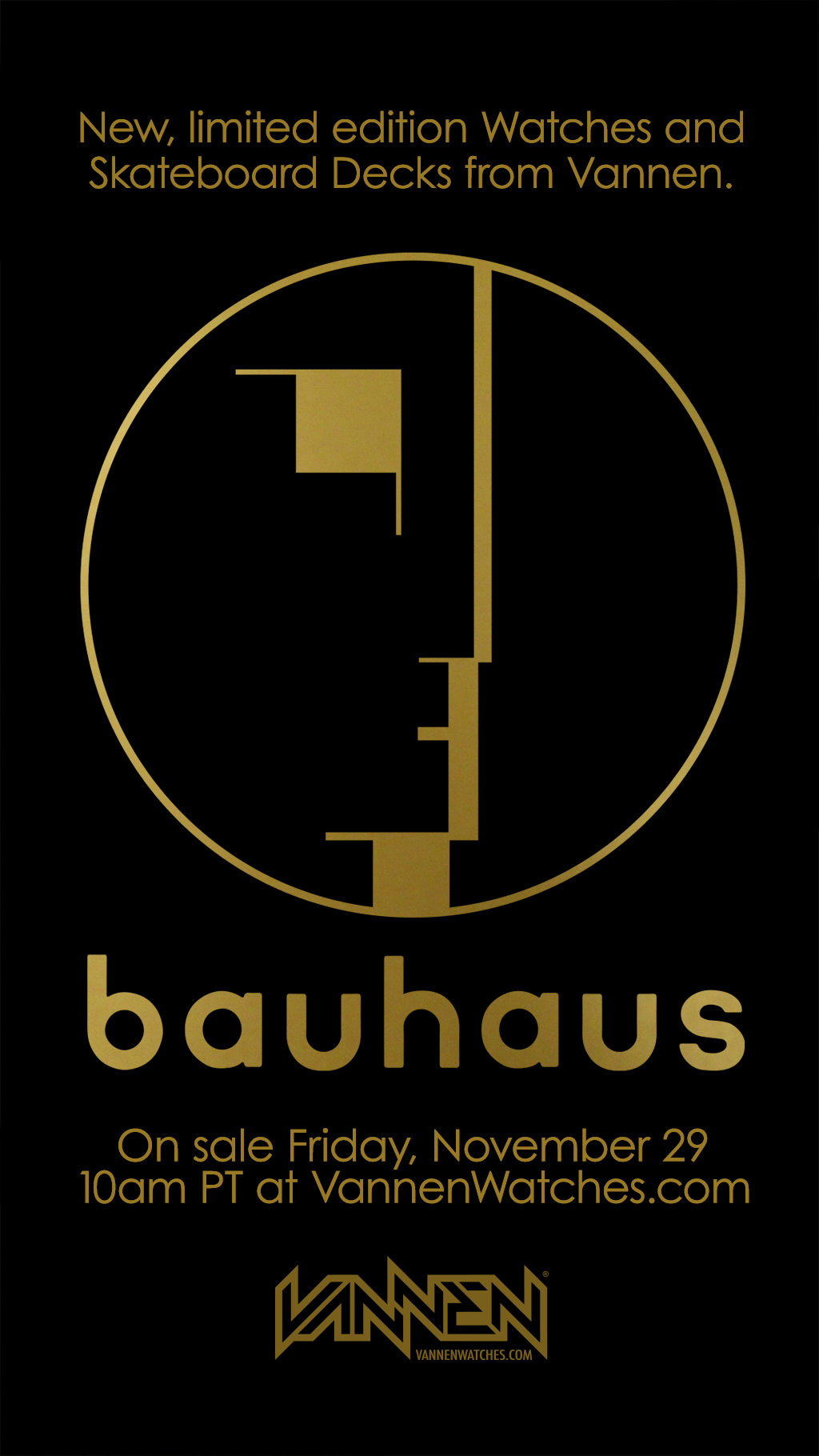 Announcement for new Vannen x Bauhaus Watches and Skateboard Decks