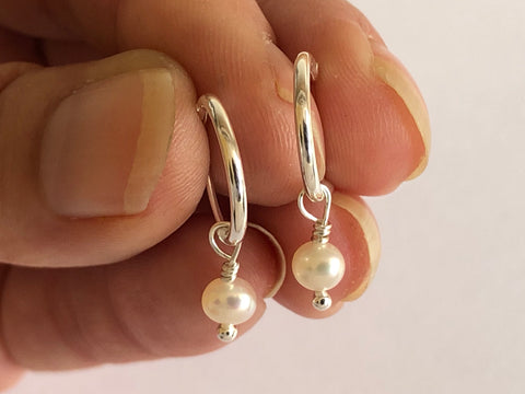 Pearl Silver Hoop Earrings by Fiona DeMarco Etsy Shop