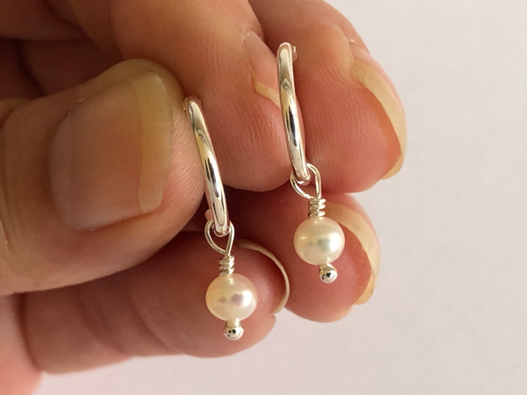 Pearl Silver Hoop Earrings by Fiona DeMarco