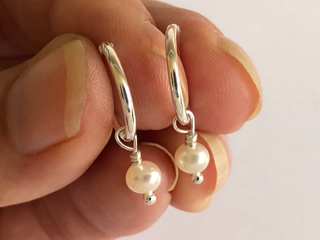 Pearl Silver Hoop Earrings by Fiona DeMarco