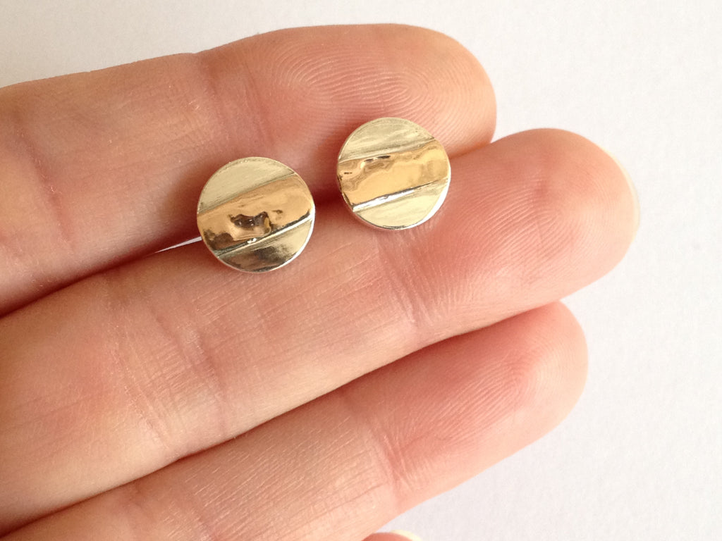 Round Silver Stud Earrings with 9ct Red Gold Large Stripe