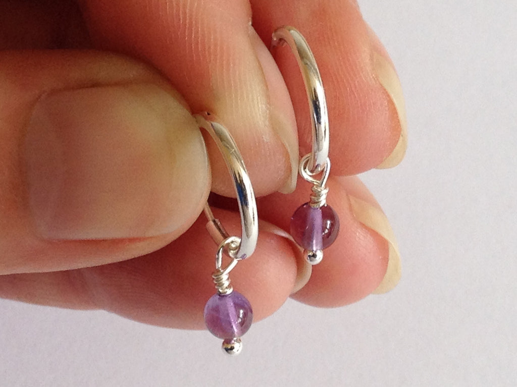 Amethyst Silver Hoop Earrings by Fiona DeMarco