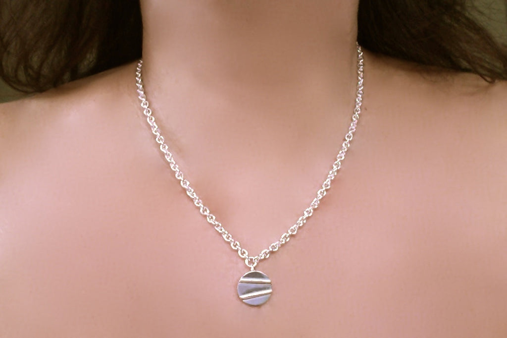 Round Silver Necklace with 9ct Red Gold Stripes