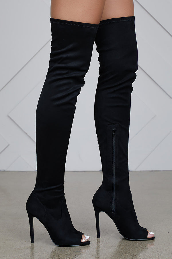 thigh high heel boots peep toe