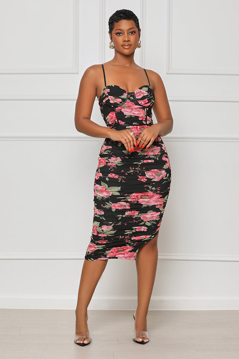 Body Contour Floral Print Ruched Mesh Midi Dress