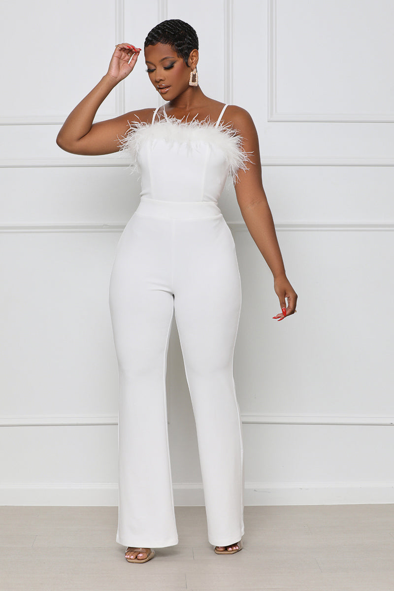 First Class White Bandeau Feather Wide Leg Jumpsuit –, 54% OFF