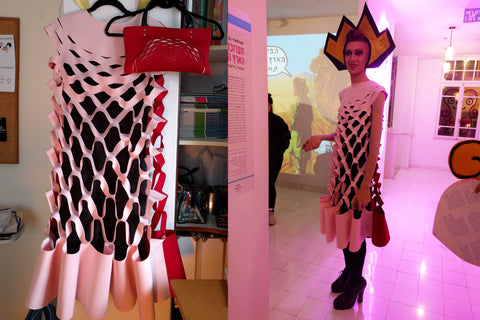משמאל: נונה שאלאנט לובשת שמלה ותיק בעיצובי; מימין: צילום של השמלה והתיק על קולבים בתוך הסטודיו שלי