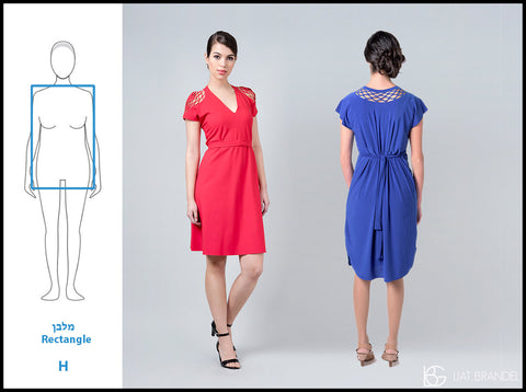 כדי להחמיא למבנה גוף מלבני, ניצור אשליה של קו מותן נשי יותר באמצעות שמלות עם חגורת מותן. לשמלה הכחולה, לשמלה האדומה (בצבע שחור)