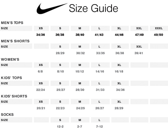 size chart nike cm