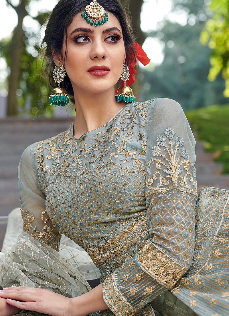 Teal Blue Golden Zari Embellished Designer Anarkali Gown 
