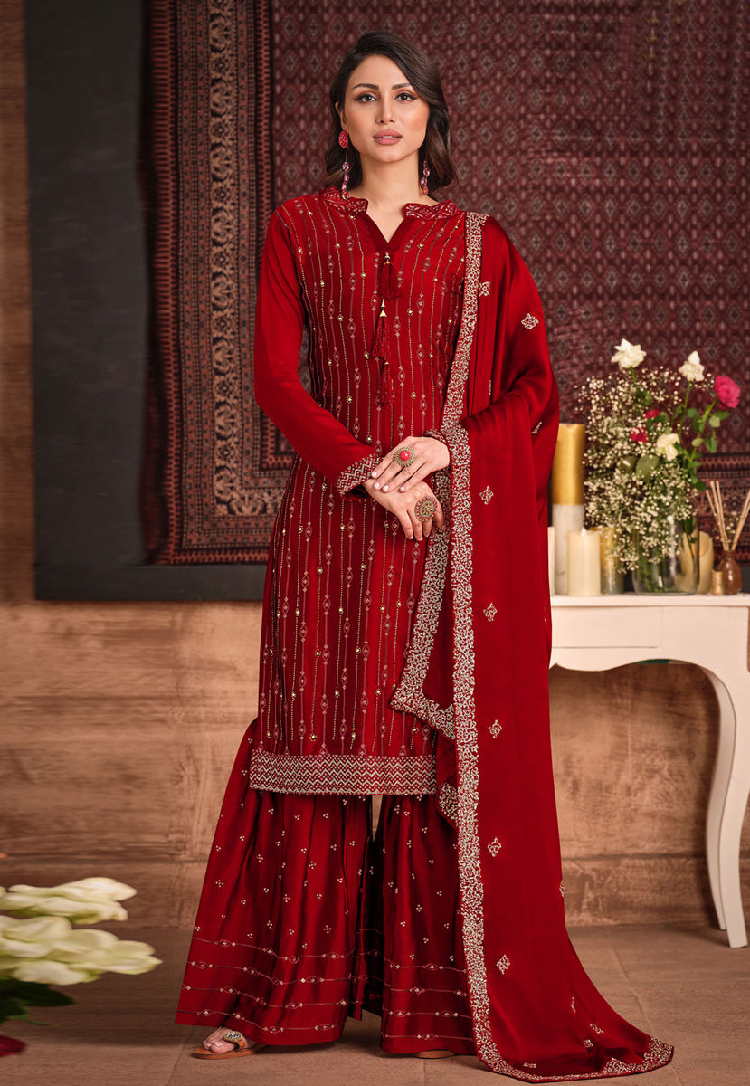 Buy Red Sequence Embroidered Gharara Suit In USA, UK, Canada ...