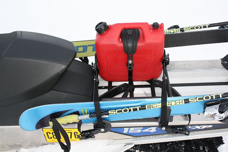 snowmobile rack with skis and 2.5 gallon jerry can