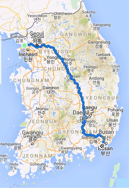 Incheon to Busan cycling map