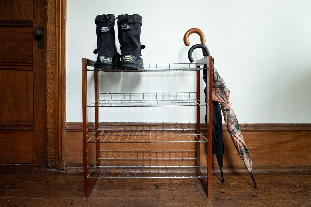 NEOS Overshoes on a shoe rack