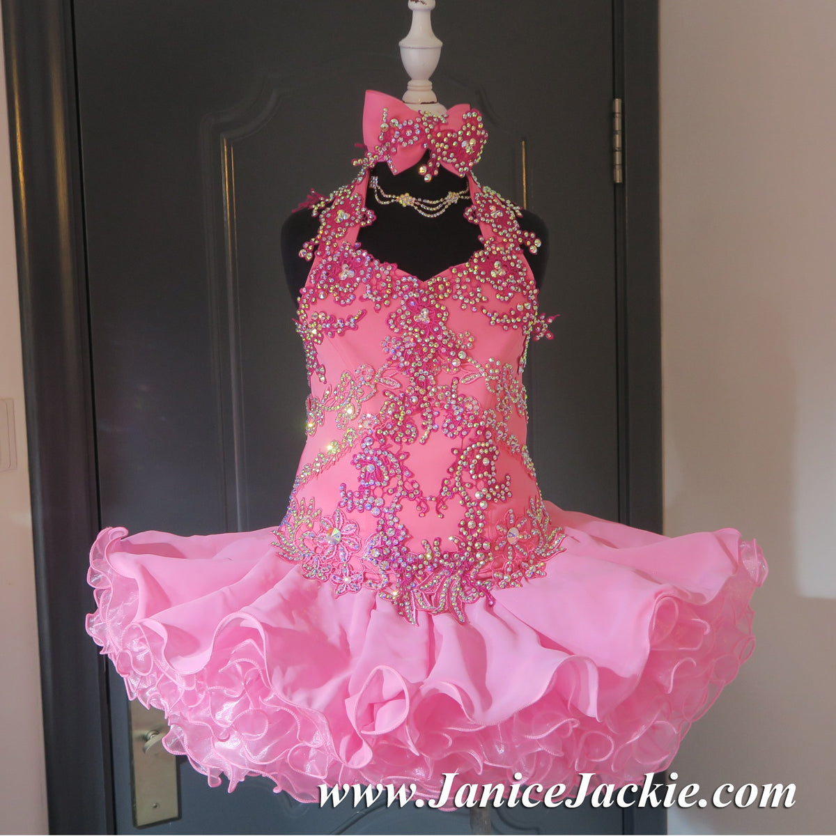 (#1204) Halter flat glitz national pageant dress. (pink) / 2 ~ 3 weeks