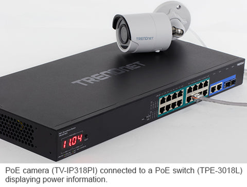 TRENDnet PoE Camera connected to TRENDnet PoE Switch displaying power budget infomation