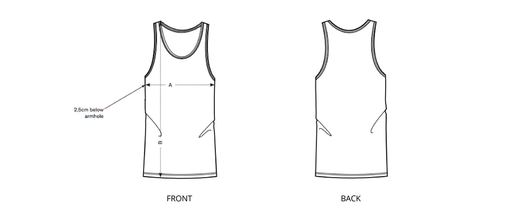 Sizing chart diagram for the Mens Singlet.