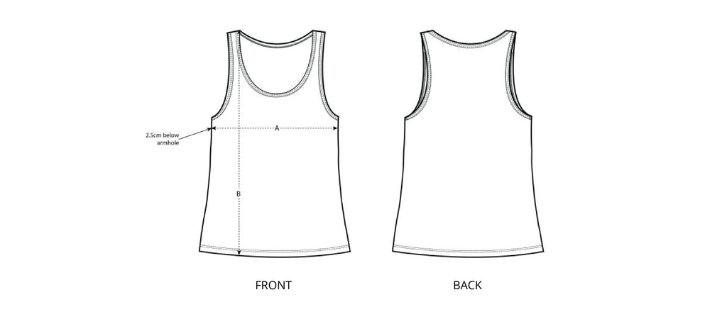 Sizing chart diagram for the Womens Loose Fit Singlet.