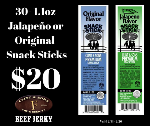 30- 1.1oz Jalapeño or Original  Snack Sticks