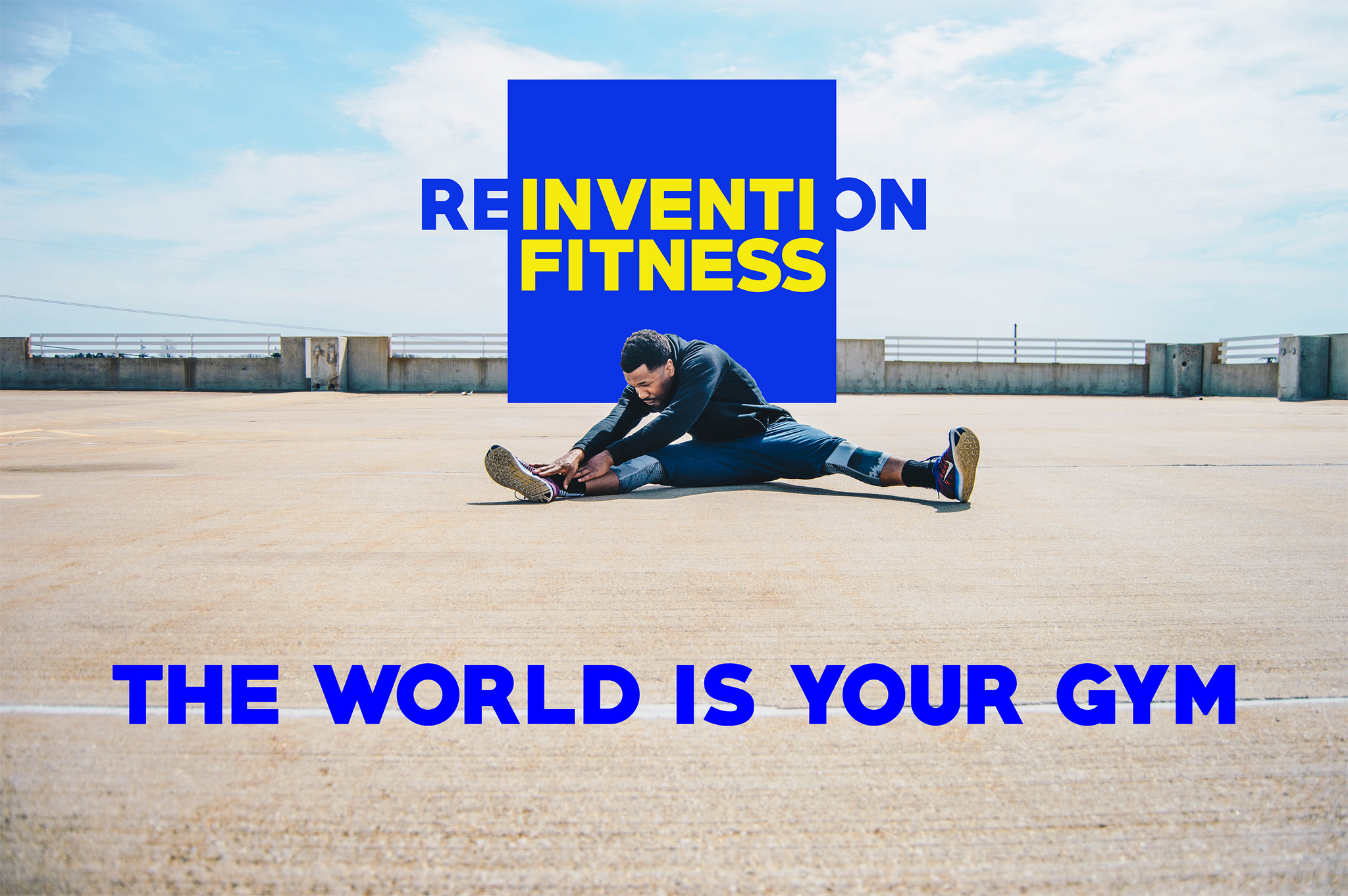 Photo of man stretching in front of Reinvention Fitness logo