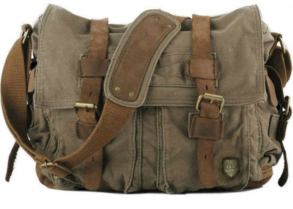 Military canvas messenger bag for men, with leather-padded shoulder strap 