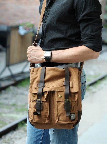 vertical light brown messenger bag for men by Serbags