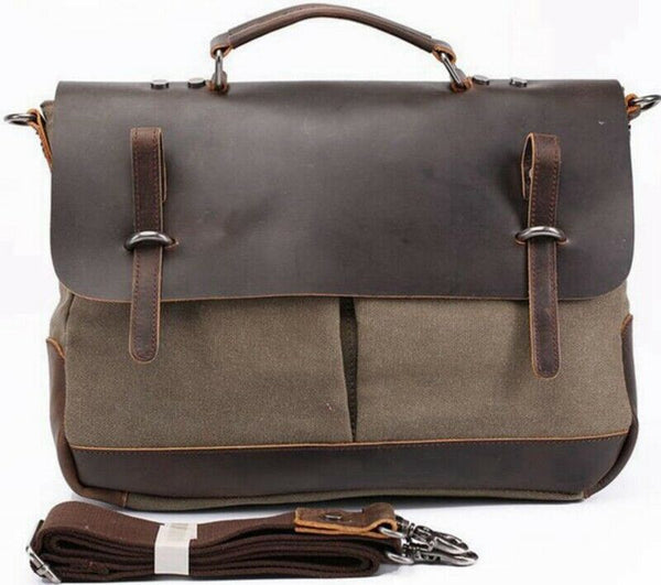 Men Canvas Business Messenger Bag Genuine Leather Briefcase Travel Handbag