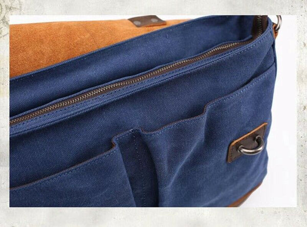 Men Canvas Business Messenger Bag Genuine Leather Briefcase Travel Handbag