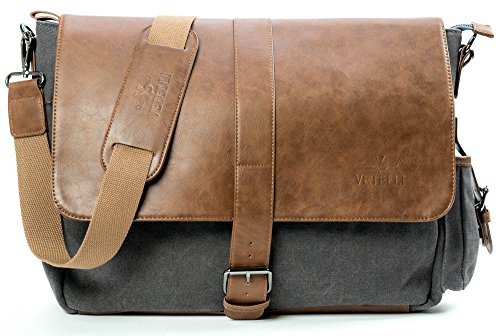 Messenger laptop bag is made from high-grade dark-grey canvas & a beautiful dark PU leather,