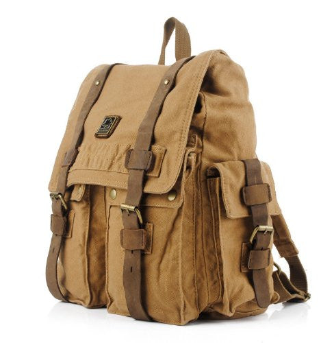 Heavy Duty Multi-Pocket Canvas & Leather Durable School Backpack - 14