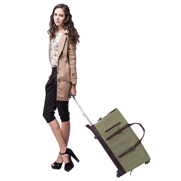 Rolling Duffel Bag - Oversized Canvas Leather Trim Travel Weekend Bag Wheeled Duffle Bag
