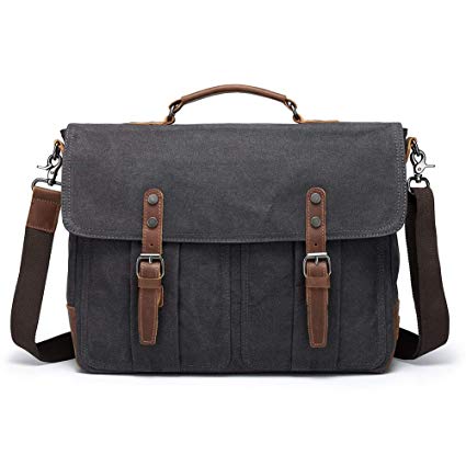 Mens Messenger Bag Vintage Leather Waxed Canvas Waterproof Shoulder Bag for 15.6 Inch Laptop Bag