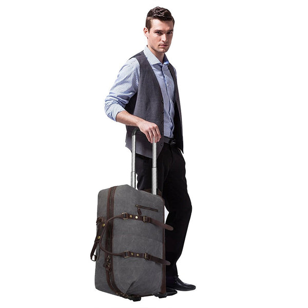 Rolling Duffel Bag - Oversized Canvas Leather Trim Travel Weekend Bag Wheeled Duffle Bag