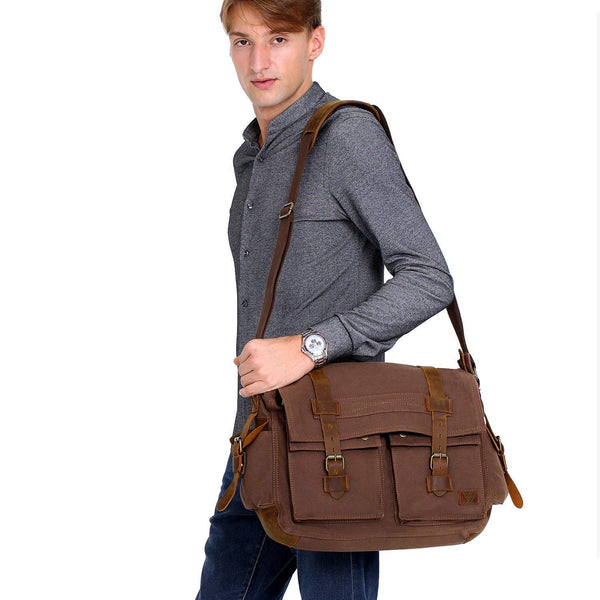 Men's Messenger Bag 17.3 Inch Vintage Canvas Leather Satchel Laptop Bags Bookbag Working Bag