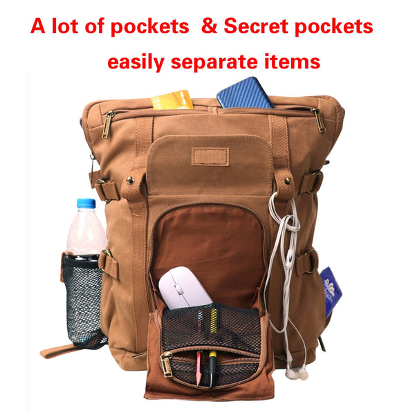 Canvas Outdoor Waterproof Travel Backpack Sturdy Leather School Laptop Bag