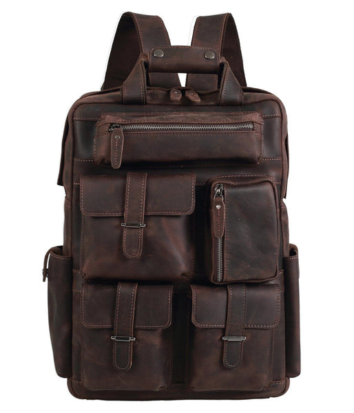 Men's Multi Pocket Handcrafted Genuine Leather Vintage College Travel Laptop Backpack